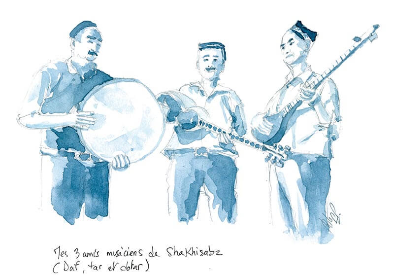Aquarelle Ouzbékistan musiciens Shakhrisabz