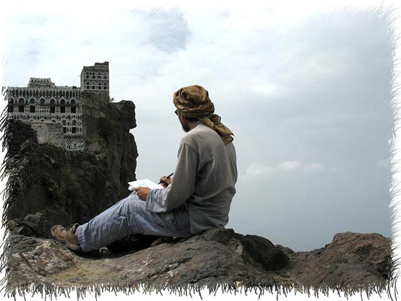 Dessinant dans la montagne à Kahel Haraz Yémen
